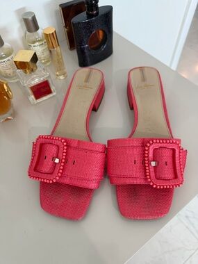 Sam Edelman Pink Square-Toe Slide Sandals with Beaded Buckle